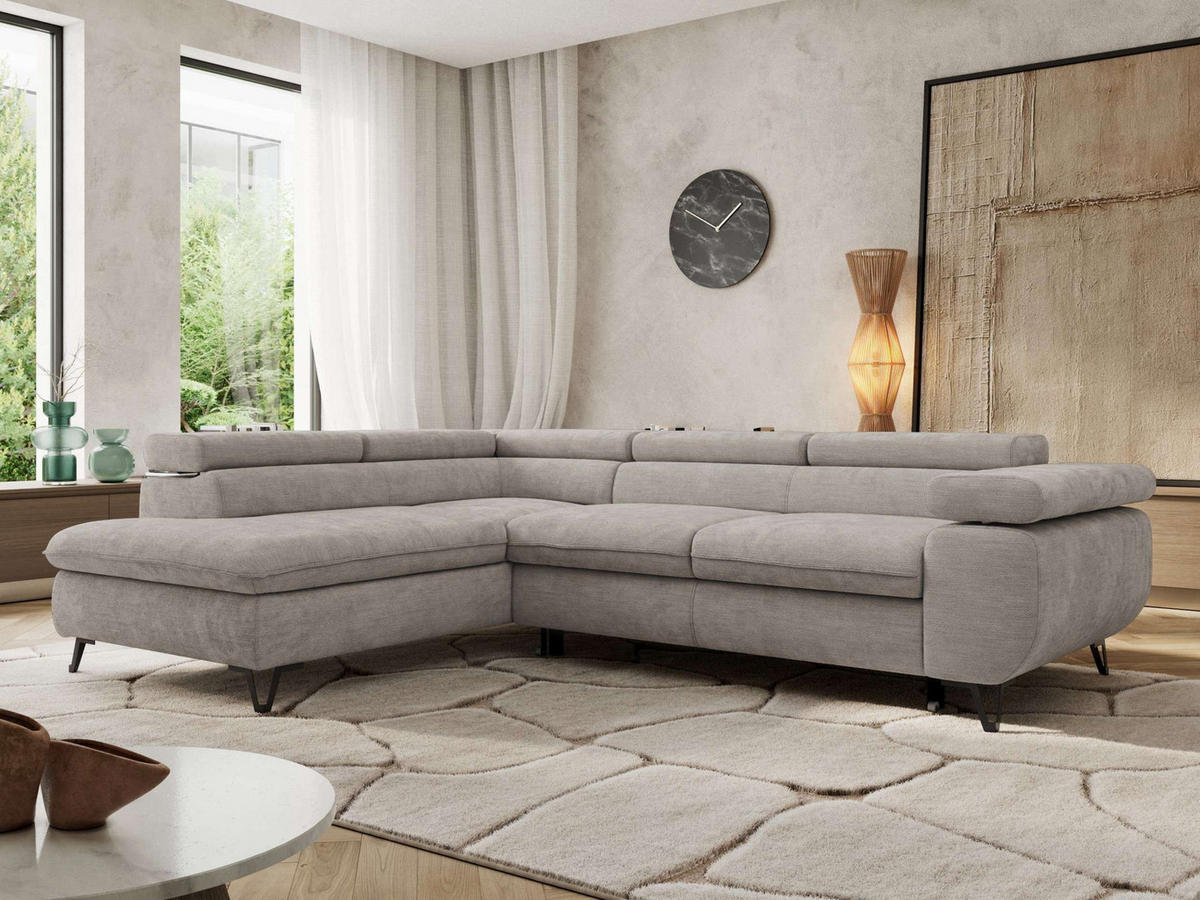 ECKSOFA PABLO L Hellgrau Schenille glatt - Links Seite - Hellgrau/Schwarz, Textil/Metall (208/273cm) - MKS