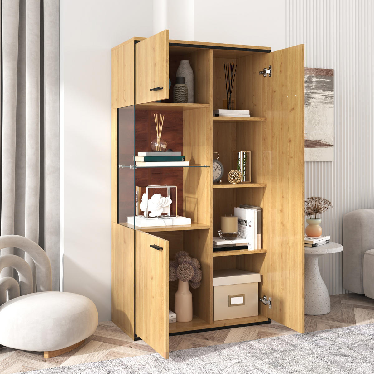 VITRINE 40/77,5/150 cm naturfarben aus MDF mit Glastür und LED - Naturfarben, Holzwerkstoff (77.5/150/40cm) - OKWISH