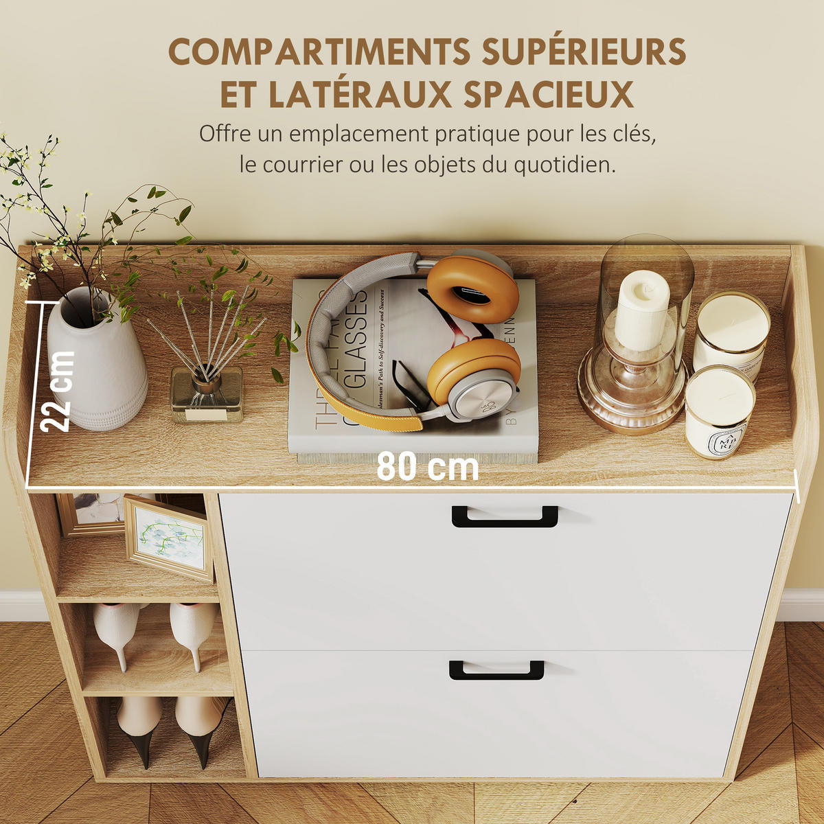 SCHUHKIPPER DE-15068 2 Klapp-Schubladen, 3 Seitenfächer, für 15 Paar Schuhe Naturholz - Naturfarben, Holzwerkstoff (83/90.5/24cm) - ComfortXL