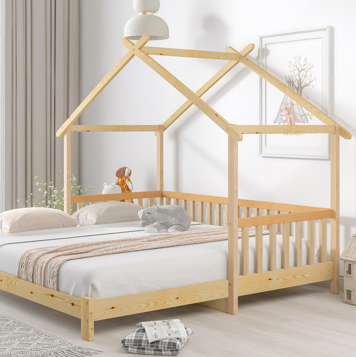 HAUSBETT aus massivem Kiefernholz 90/180x200 cm Natur ausziehbar mit Hausdach und 3-seitigem Geländer - Naturfarben, Holzwerkstoff (90/200cm) - Modfu
