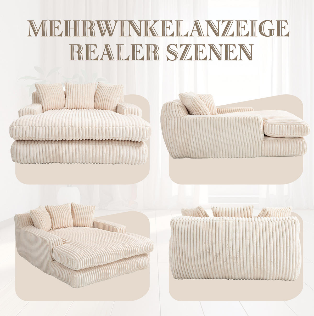 BIGSOFA Chaiselongue Cord mit 3 Kissen 125/155/63 cm Beige - Beige, Textil (63/125/155cm) - Redom