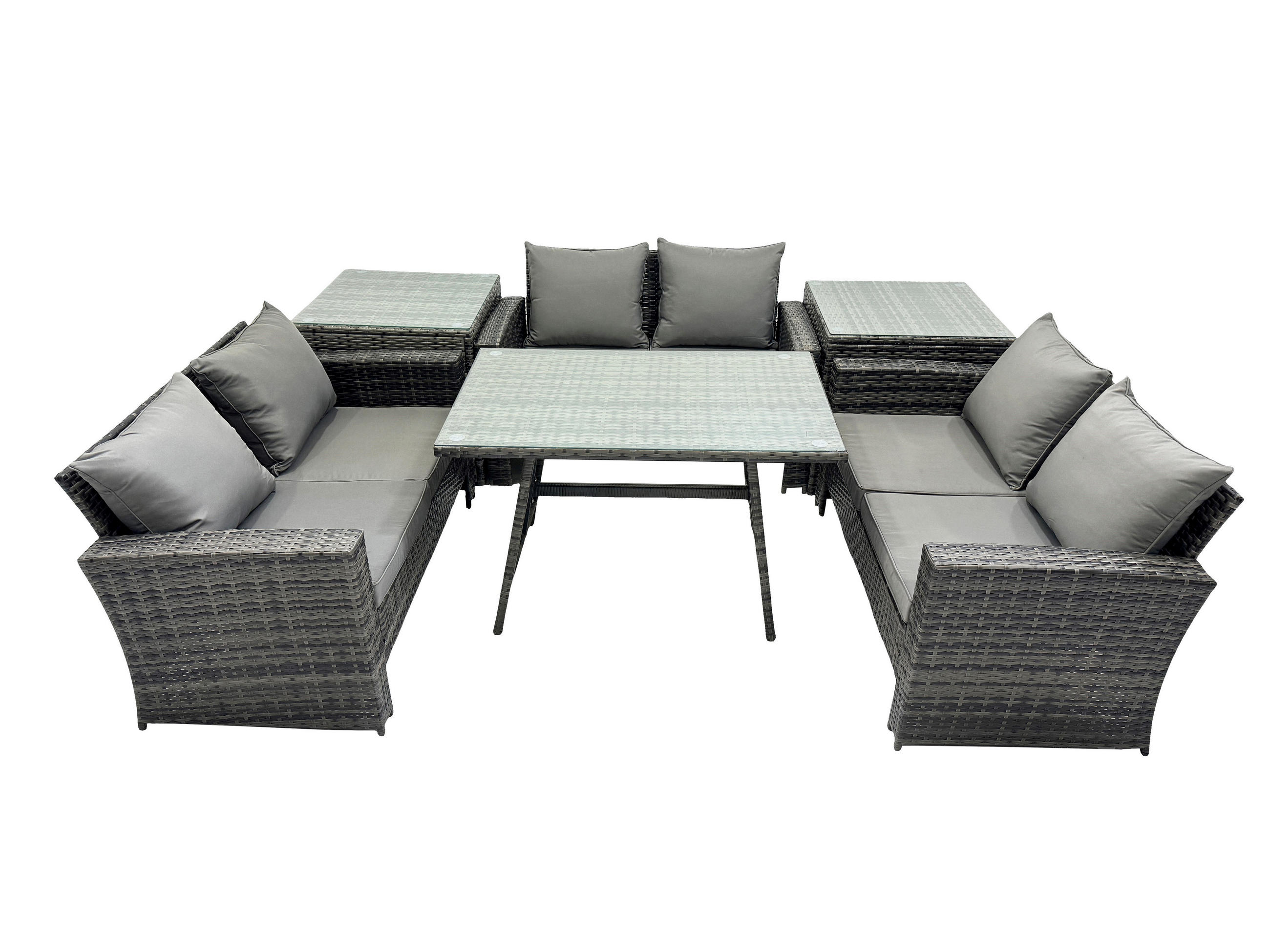 GARTENMÖBELSET mit ESSTISCH,HOCHLEHNER-SOFA Polyrattan Dunkelgrauer Mix 6-Sitzer - Dunkelgrau/Grau, Glas/Kunststoff - Fimous