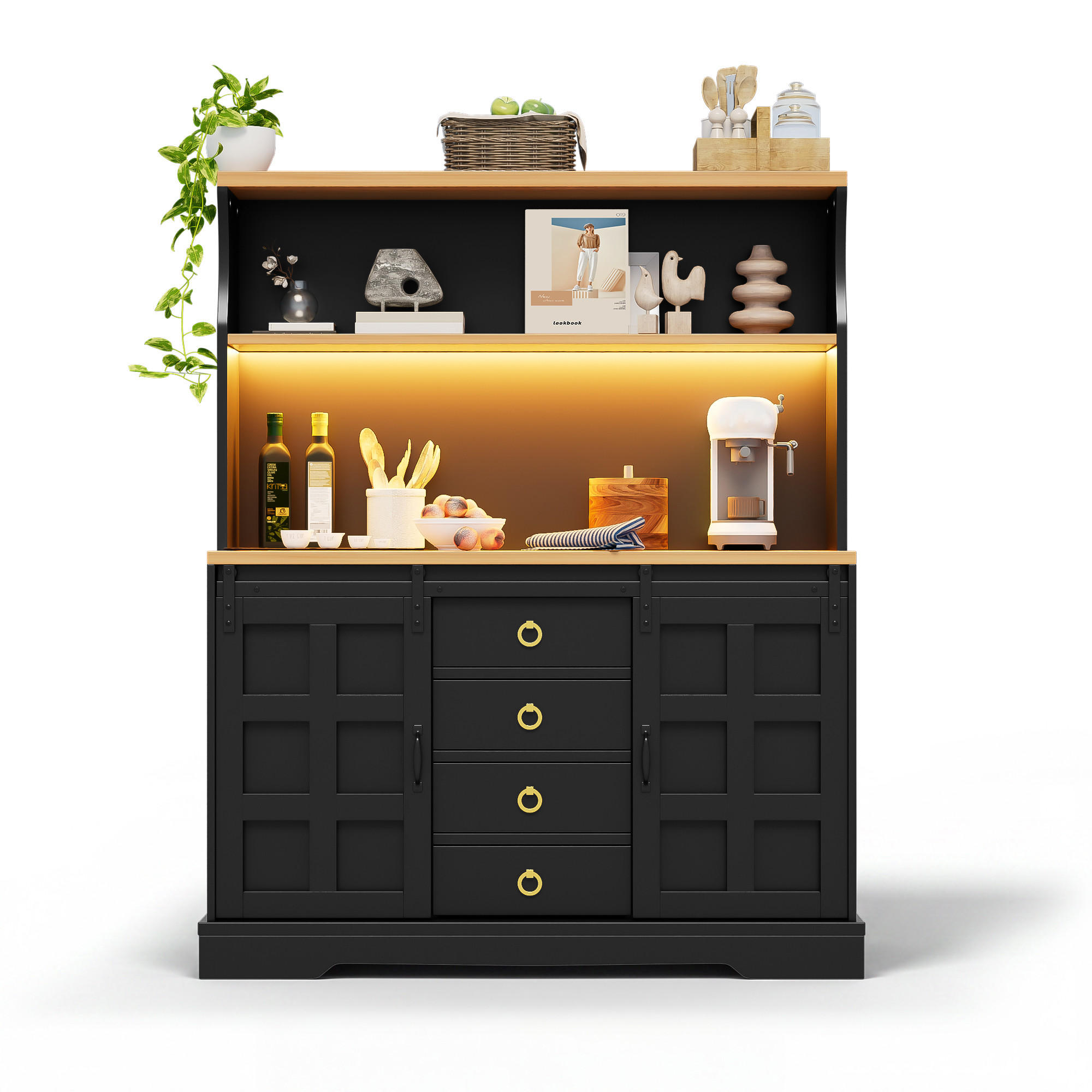 BUFFET 150 cm MDF Schwarz Scheunenstil mit RGB-LED und Weinregal - Schwarz, Holzwerkstoff (40/150/120cm) - Korfee