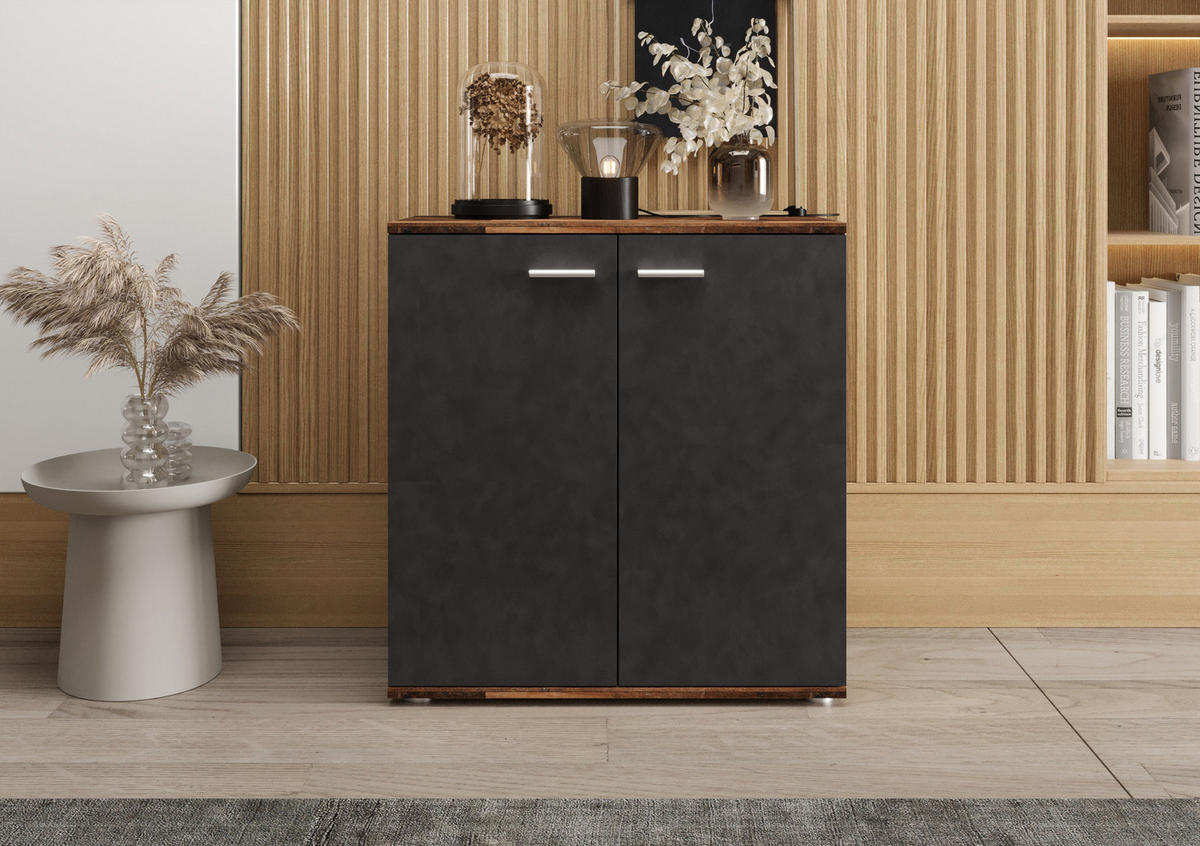KOMMODE London LMK 2D mit 2 Türen, Sideboard in Farbe: Dunkelbraun|Schwarz, Größe: 71 x 75 x 35 cm - Dunkelbraun/Schwarz, Holzwerkstoff (71/75/35cm) - O-Sofa