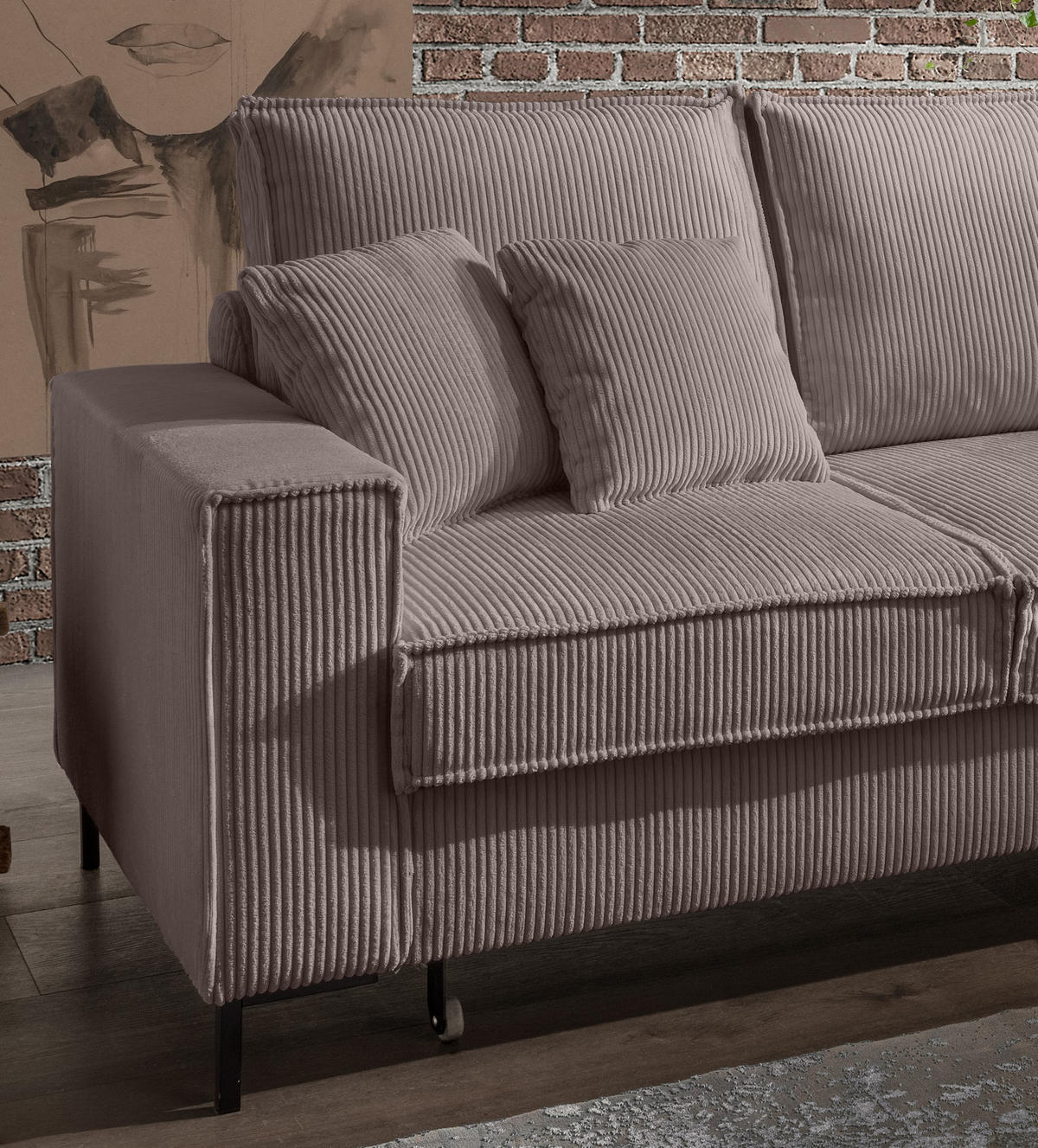 ECKSOFA mit Schlaffunktion, Bettkasten, Wellenunterfederung, Récamiere rechts B240/T150/H92 cm, Liegefl. 125x198 cm, Cord Braun Taupe / 17222 - Taupe/Schwarz, Textil/Metall (240/150cm) - luma-home