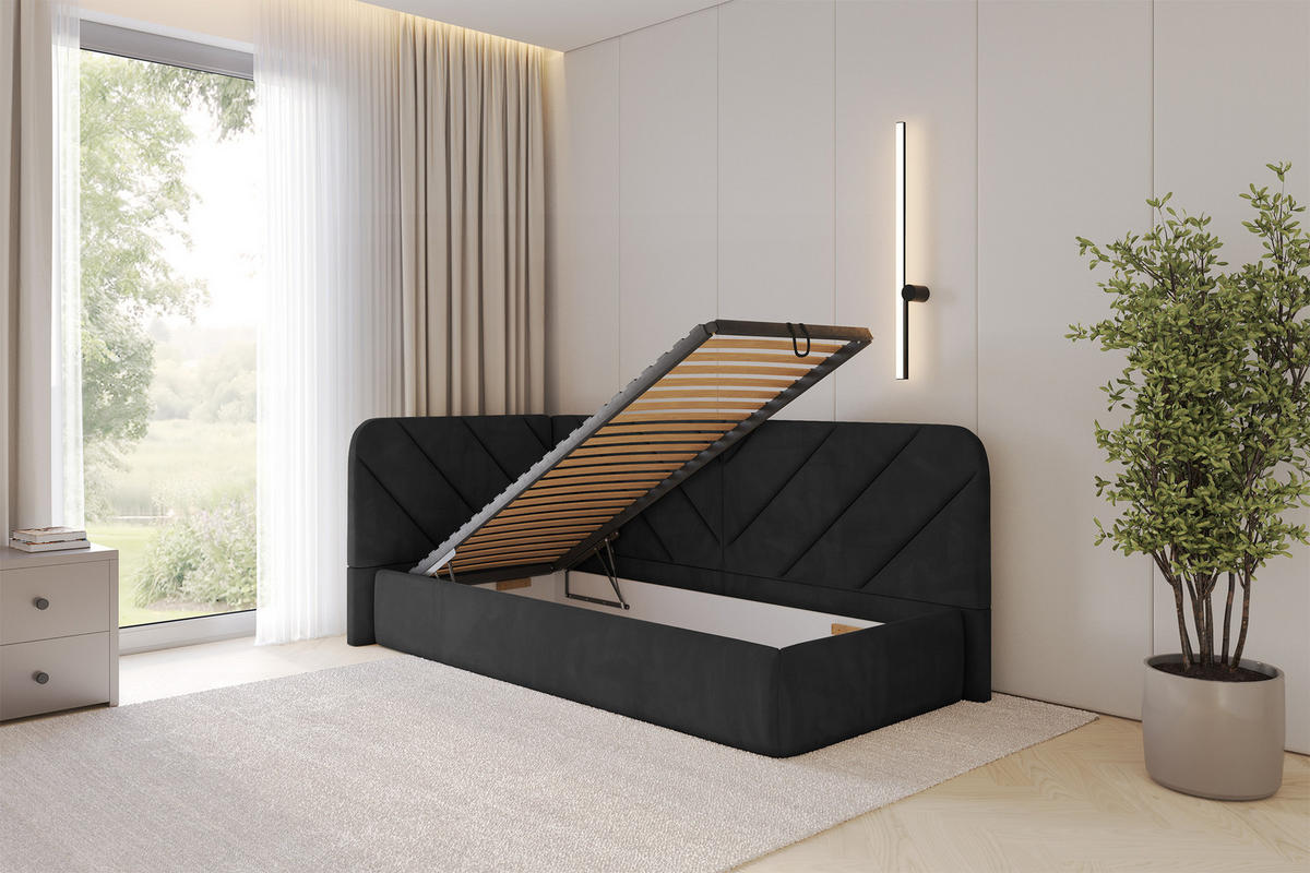 EINZELLBETT Jugendbett mit Bettkasten und Matratze H3/H4, Rechts - FIKY 80x200 Schwarz - Anthrazit, Holzwerkstoff/Textil (80/200cm) - ALTDECOR