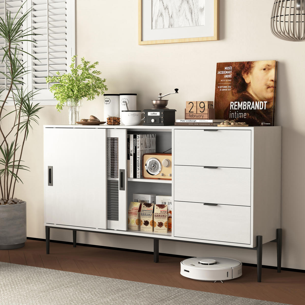 SIDEBOARD 2 Türen x 3 Schubladen, Weiß mit geripptem Glas, Konsolenschrank, eleganter Aufbewahrungs- und Ablagetisch, 155/40/91,5 cm, Weiß - Weiß, Holzwerkstoff (155/91.5/40cm) - Redom