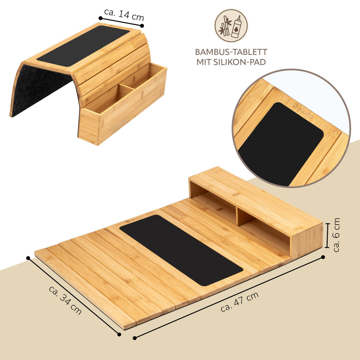 ARMLEHNEN-SOFATABLETT mit seitlichen Fächern, rutschfeste Silikonablage, Bambus - Naturfarben, Naturmaterialien (47/6/34cm) - eluno