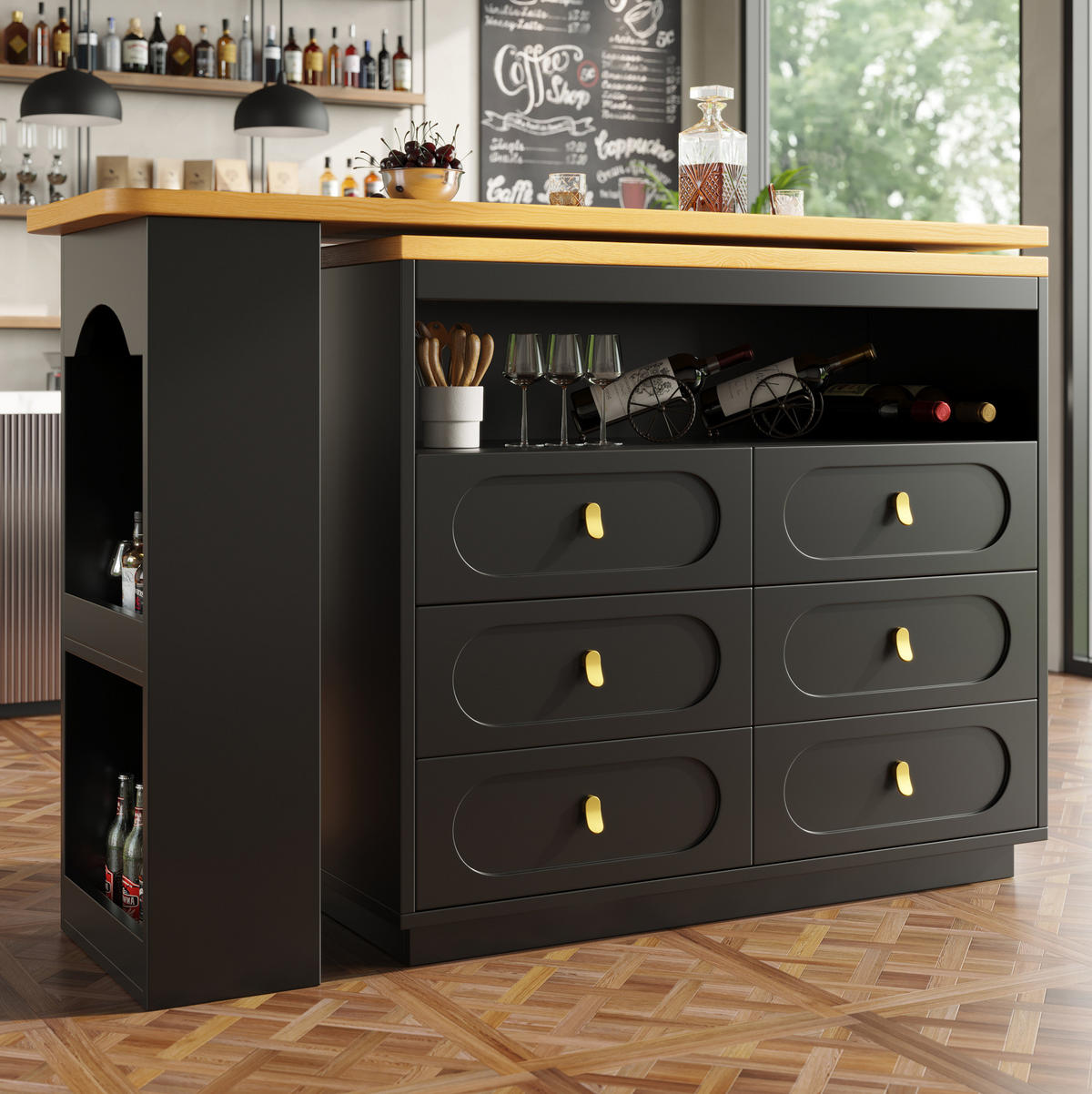 BARTISCH, MDF ausziehbar & drehbar mit Stauraum, 137-203/39/90 cm, Schwarz - Schwarz, Holzwerkstoff (39/90/137cm) - Redom