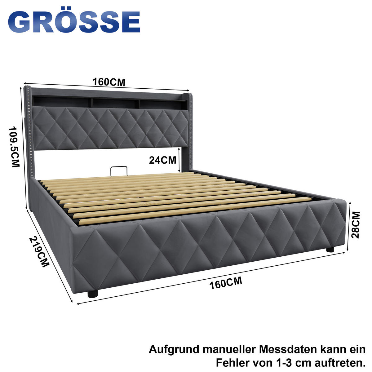 POLSTERBETT 160×200 mit LED-Beleuchtung, Bettkasten und Matratze - Grau, Holzwerkstoff/Textil (160/200cm) - EVRYAE