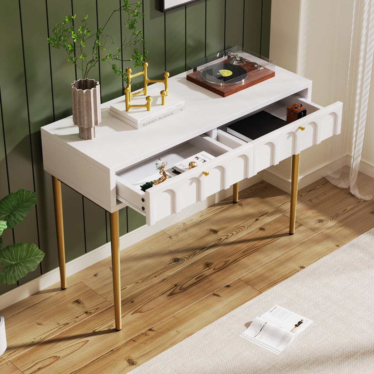 SCHMINKTISCH Cremeweiß und Golden 100/76,5/45 cm - Beige, Holzwerkstoff/Metall (100/76.5/45cm) - Urban Meuble
