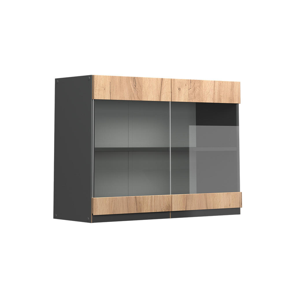 KÜCHENGLASSCHRANK R-Line Goldkraft Eiche 80 cm J-Shape - Anthrazit/Eiche Wotan, Holzwerkstoff (80/60/31cm) - Vicco