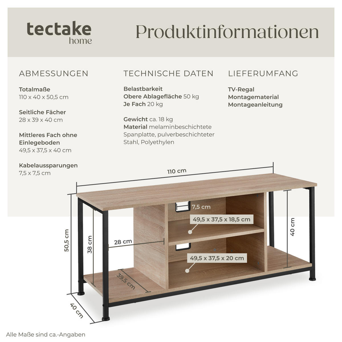 TV-REGAL Austin,110 x 40 x 50,5 cm,Industrial Holz hell, Eiche Sonoma - Naturfarben, Holzwerkstoff (40/50.5/110cm) - tectake