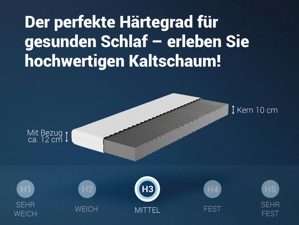 KALTSCHAUMMATRATZE KSP-500, 7 Zonen, Größe: 100x200, Härtegrad: H3 - Höhe 12cm - Weiß, Textil (100/200cm) - Betten-ABC