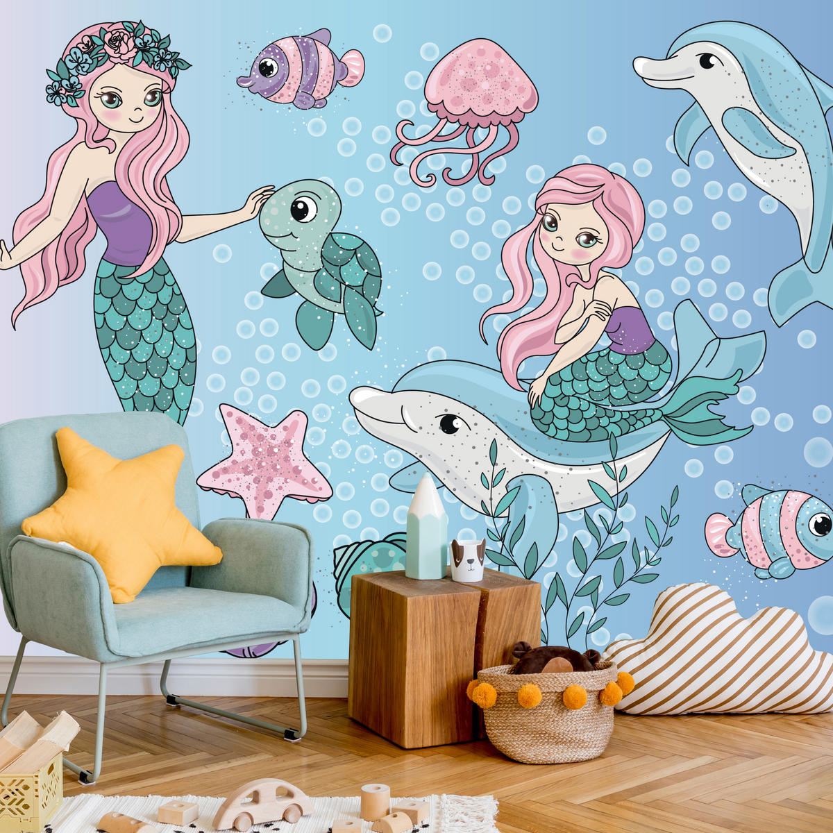 FOTOTAPETE für Kinderzimmer Meerjungfrauen Delfine Fische Muscheln Qualle Schildkröte 300x210 - Multicolor, Papier (300/210cm) - Muralo
