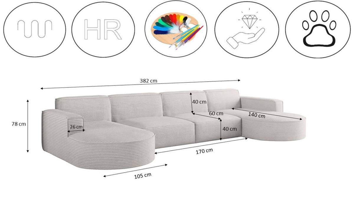 ECKSOFA U-Form XL Designer MODENA stoff Dicker Cord Poso Ecru - Ecru, Holz (165/382cm) - Kaiser Möbel