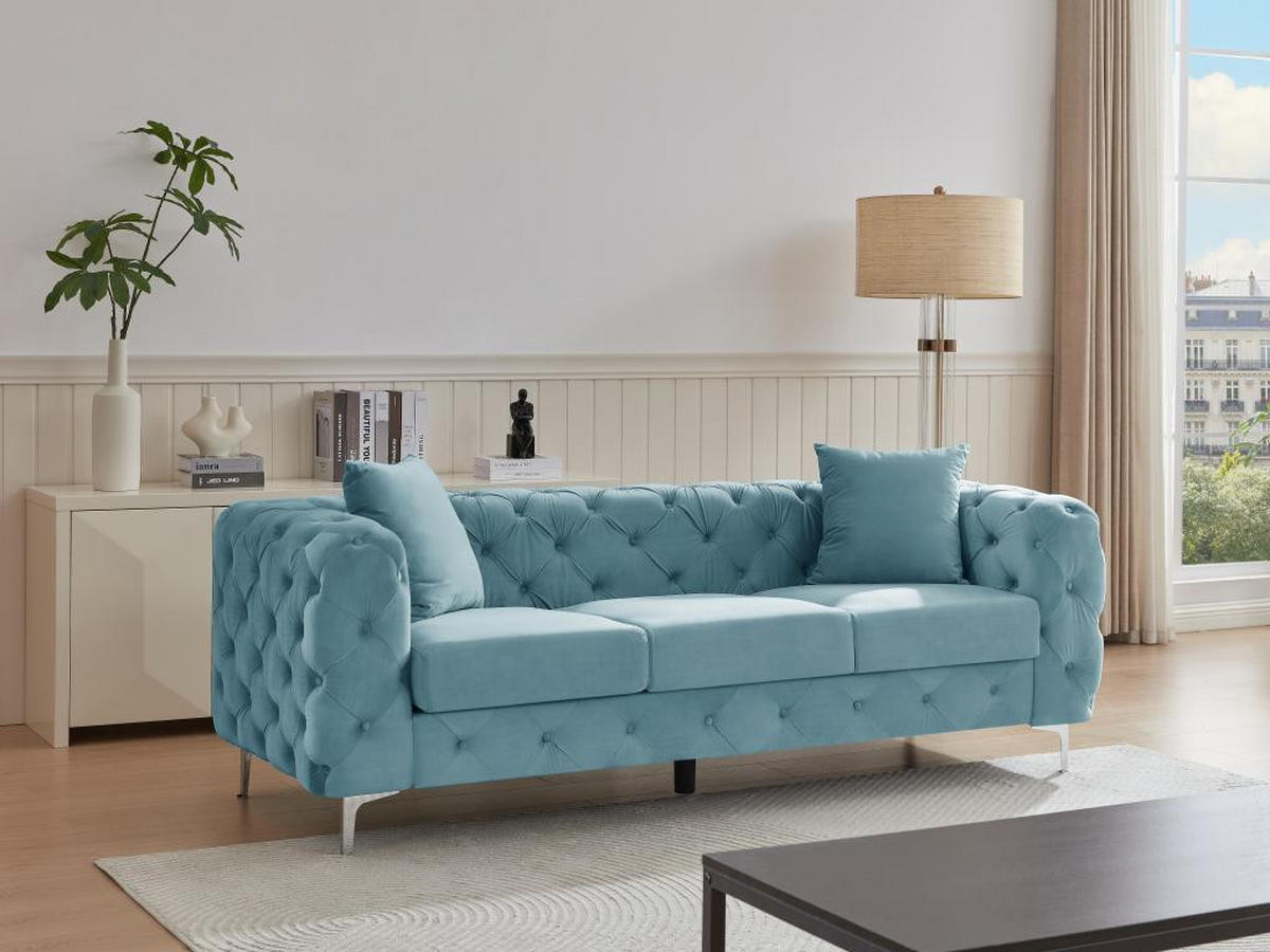 CHESTERFIELD-SOFA 3-Sitzer - Samt - Pastellblau - EDWINA - Hellblau, Textil (91/76/220cm) - Vente-Unique