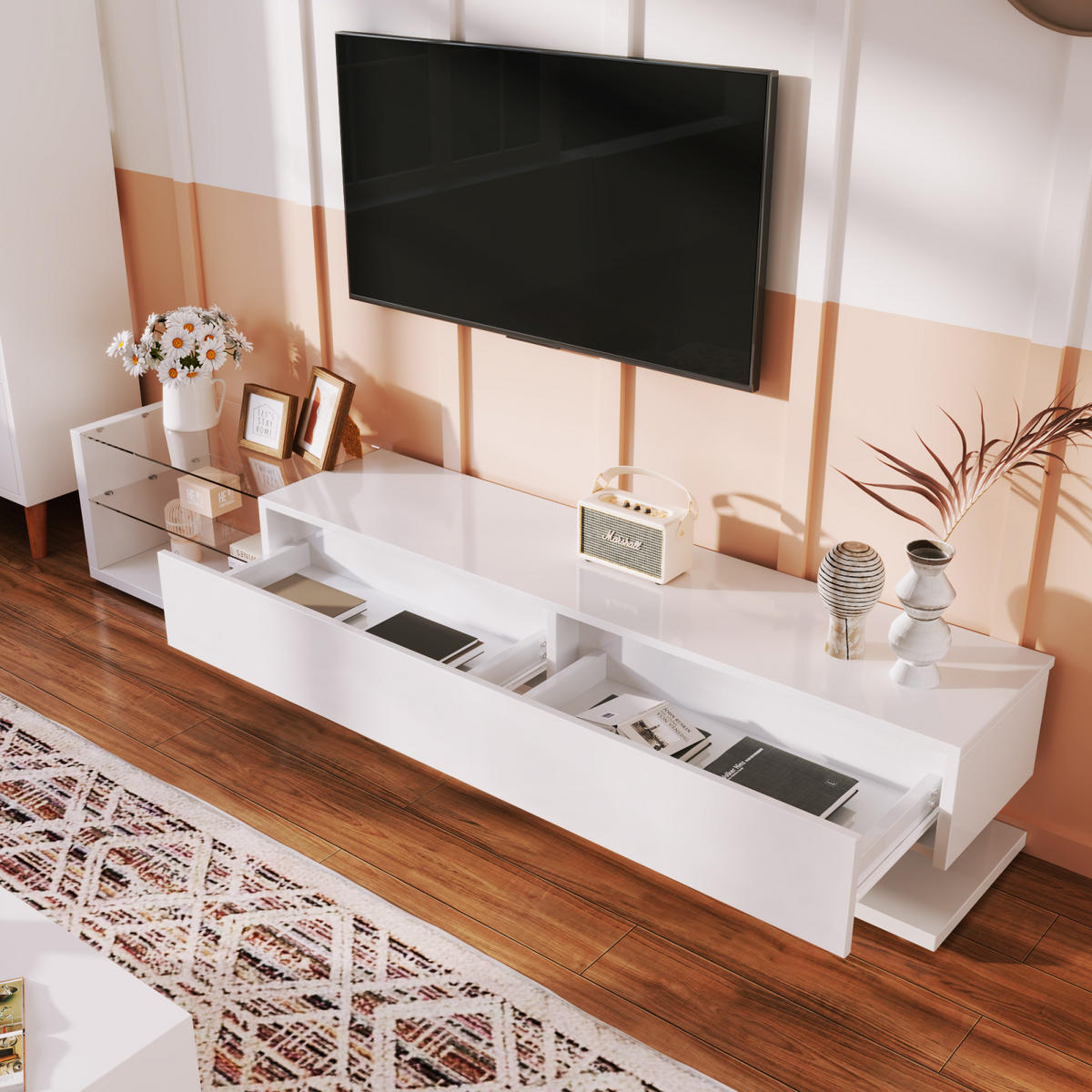 TV Lowboard LED, Glasregale, Weiß Hochglanz - Weiß, Glas (133/17/46cm)