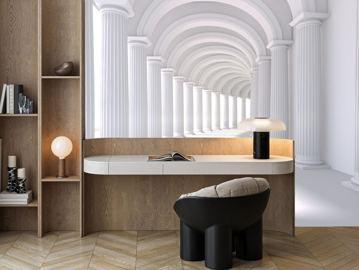 FOTOTAPETE für Wohnzimmer Räumlich Tunnel Historische Säulen 200x140 - Weiß/Grau, Papier (200/140cm) - Muralo