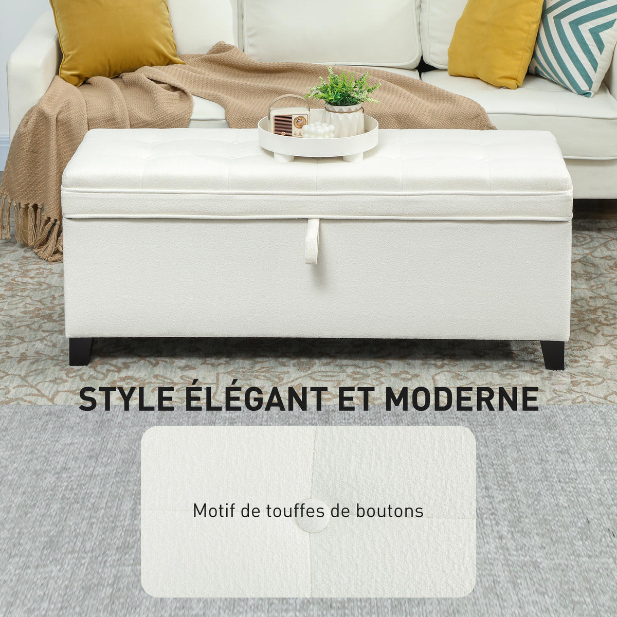 TRUHENBANK DE-16427 mit großem Stauraum (112 L) und Knopfheftung Creme - Weiß, Textil (120/48/40cm) - ComfortXL
