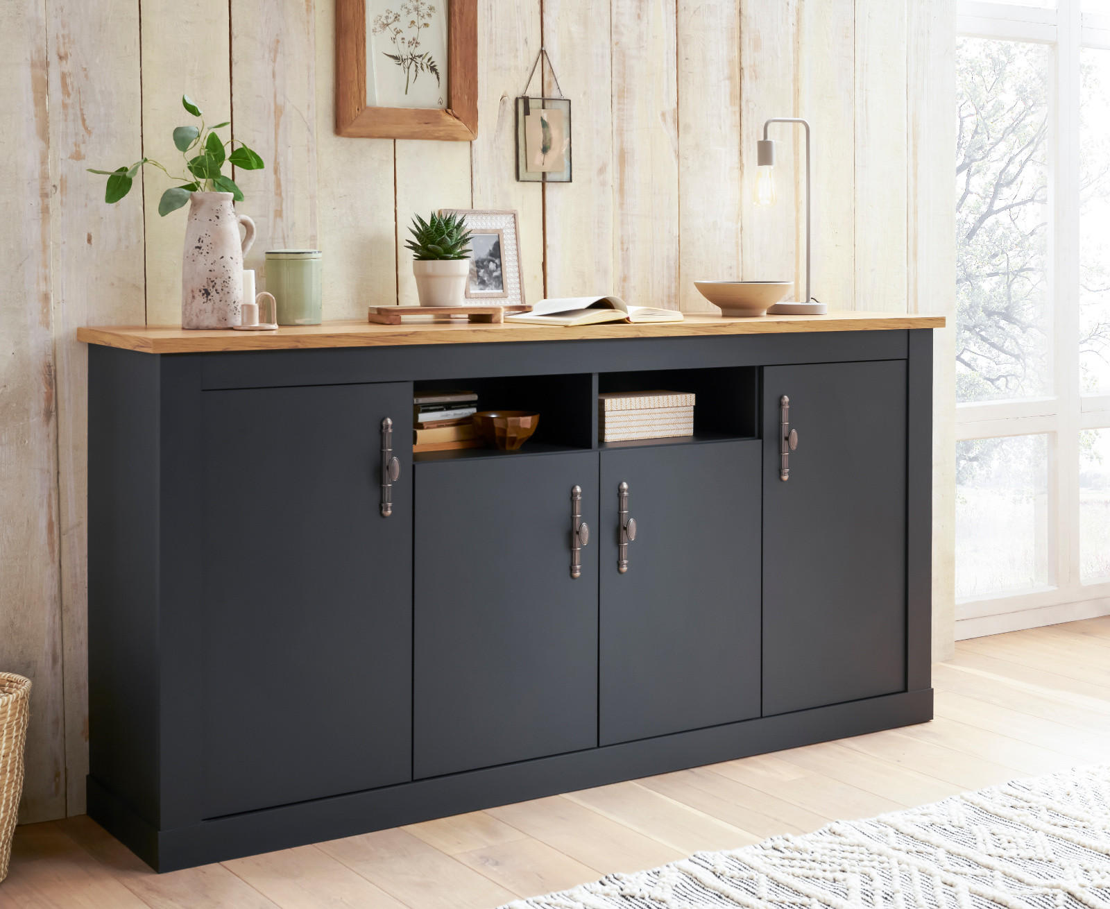SIDEBOARD grau, Eiche Wotan, Landhaus 200 cm, Kommode mit Soft-Close - Silberfarben/Eiche Wotan, Holzwerkstoff/Kunststoff (200/104/45cm) - Furn.Design