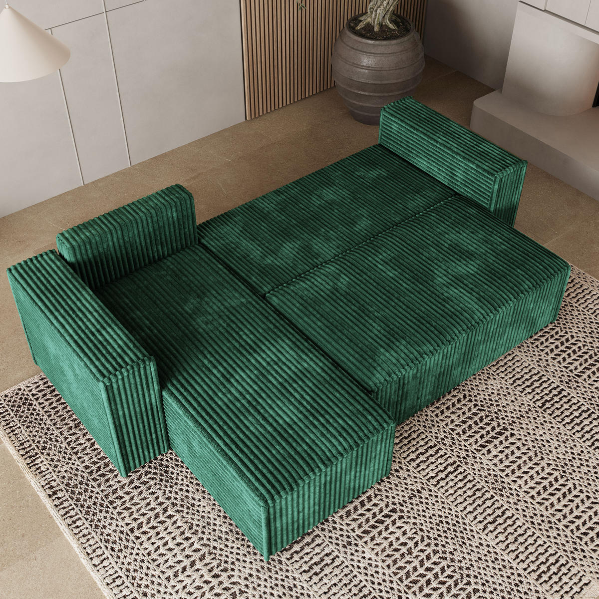 ECKSOFA RAVELO T Grün Kordstoff mit Schlaffunktion - Grau/Grün, Holz/Kunststoff (240/140cm) - MASSENO