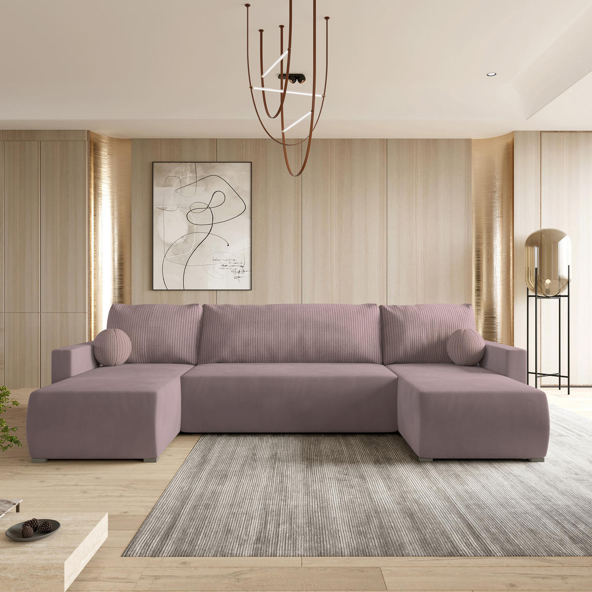 ROHOVÁ SEDAČKA TESSUN starorůžová - šedá/starorůžová, dřevo/textil (286/143cm) - MASSENO