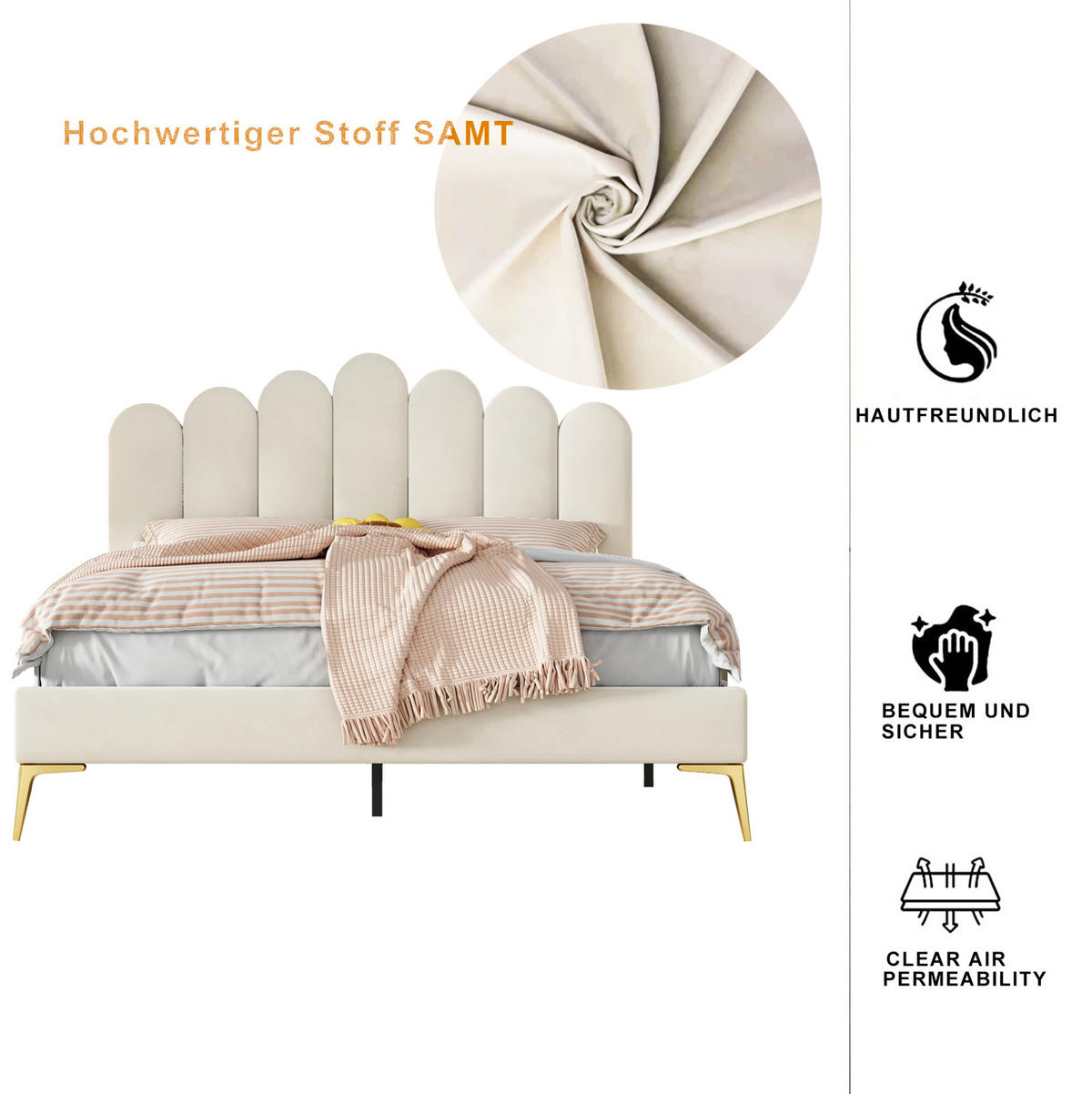 POLSTERBETT 140/200 cm Beige aus Samt mit verstellbarem Kopfteil - Beige, Holzwerkstoff (140/200cm) - OKMYHOME
