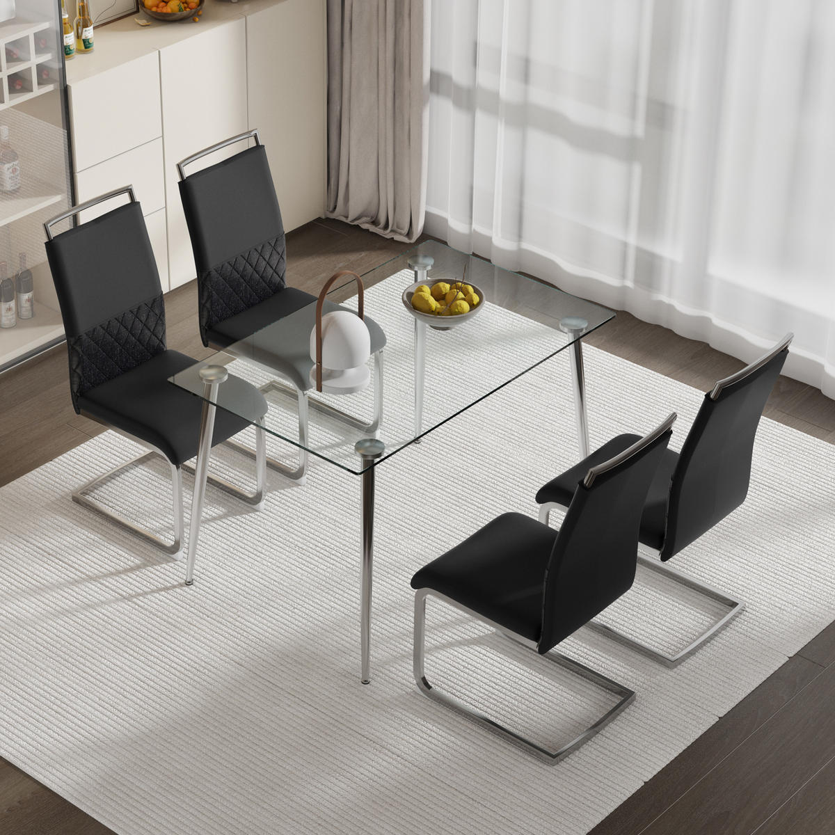 STUHL 4er Set mit ergonomischer Rückenlehne, Kunstleder & Leinen Bezug, 7 cm dicker Sitzpolsterung und Fußpolstern im modernen Design, schwarz - Schwarz, Metall (48/95/42cm) - Luhomfu