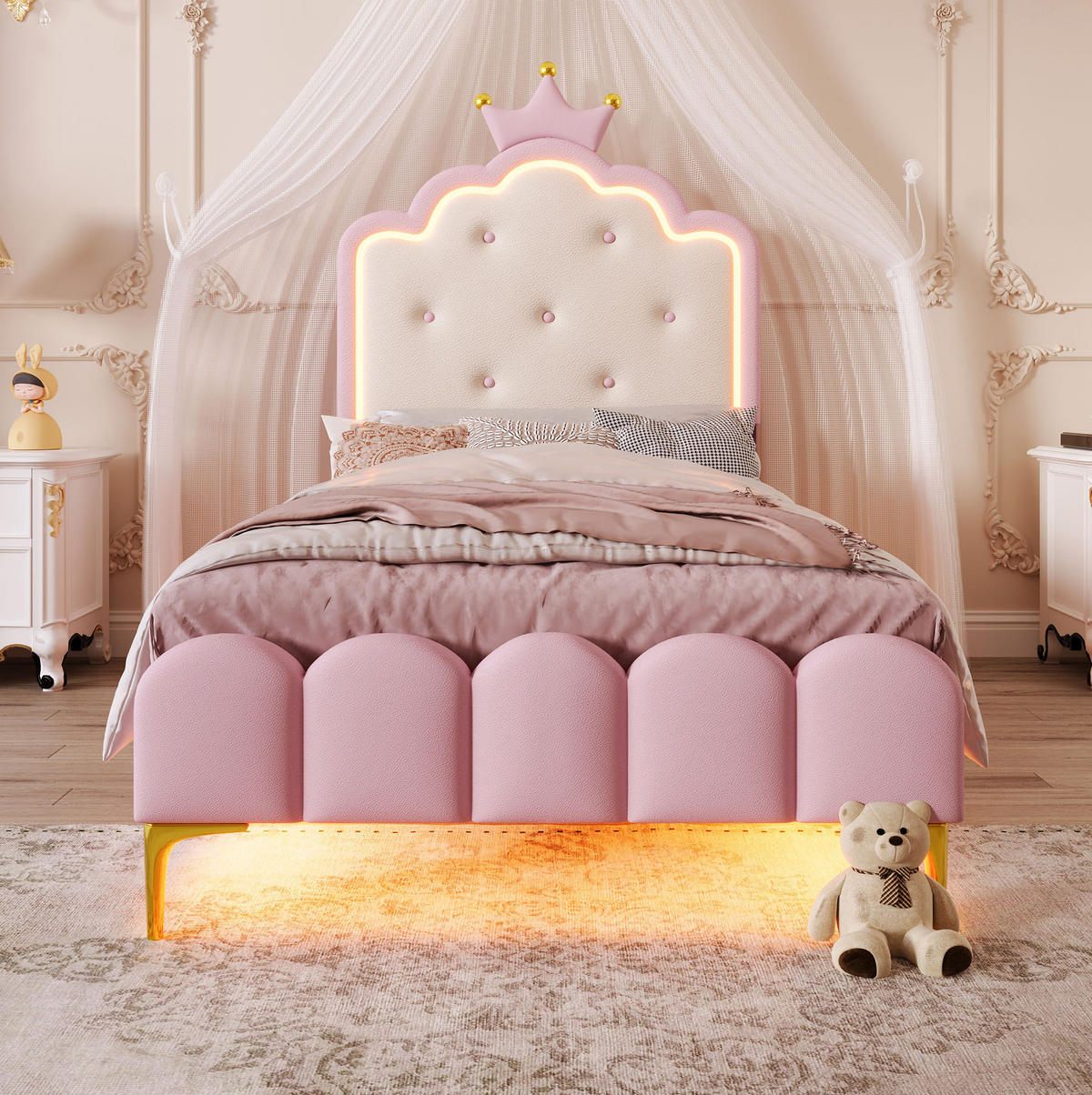 POLSTERBETT mit LED-Beleuchtung 90/200 cm in Rosa mit gepolstertem Kopfteil - Rosa, Kunststoff (90/200cm) - BEAOK