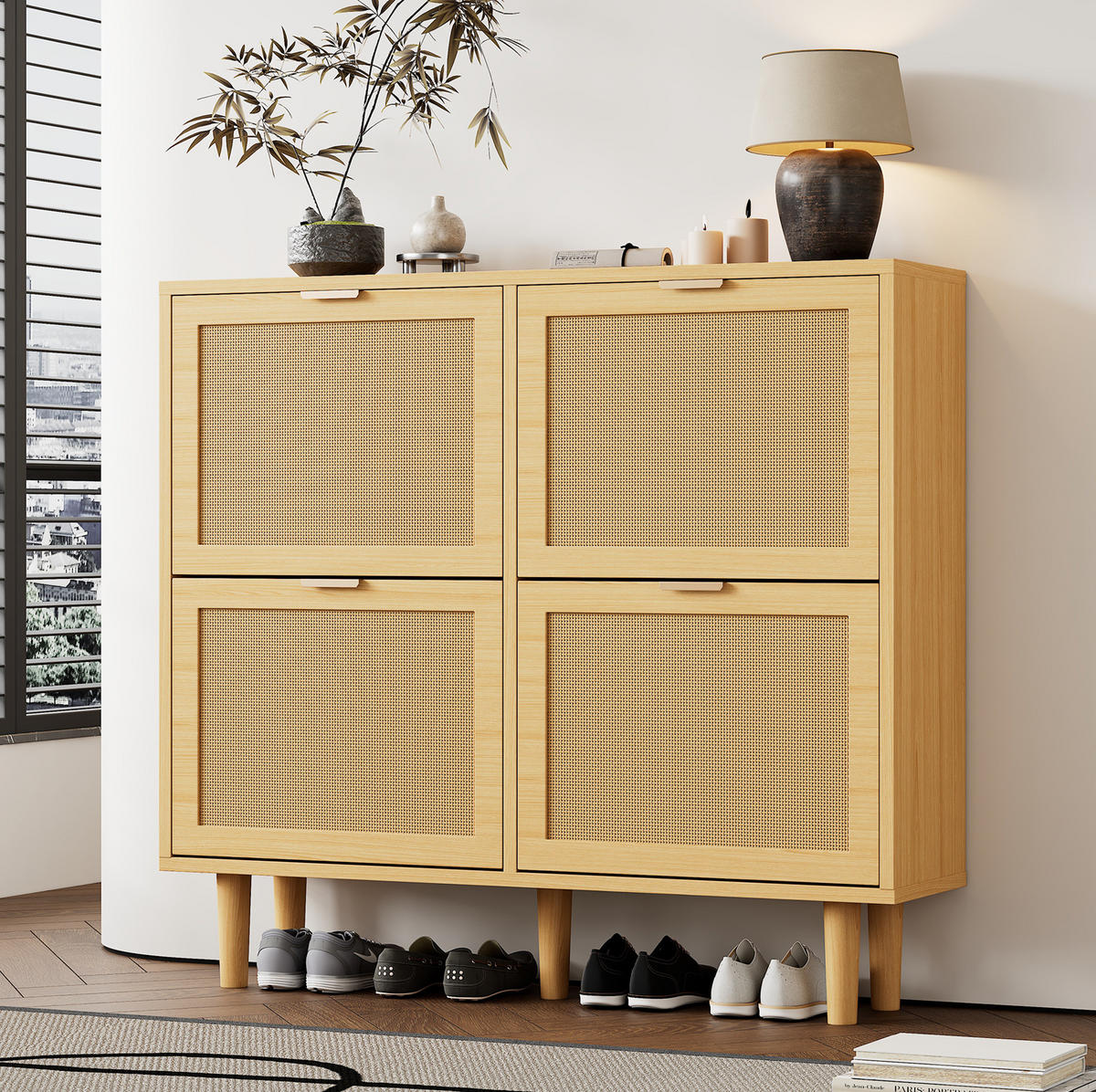 SCHUHSCHRANK mit 4 Klappen 100 x 25 x 90 cm Light Oak - Braun, Holz (25/90/100cm) - Beauniv