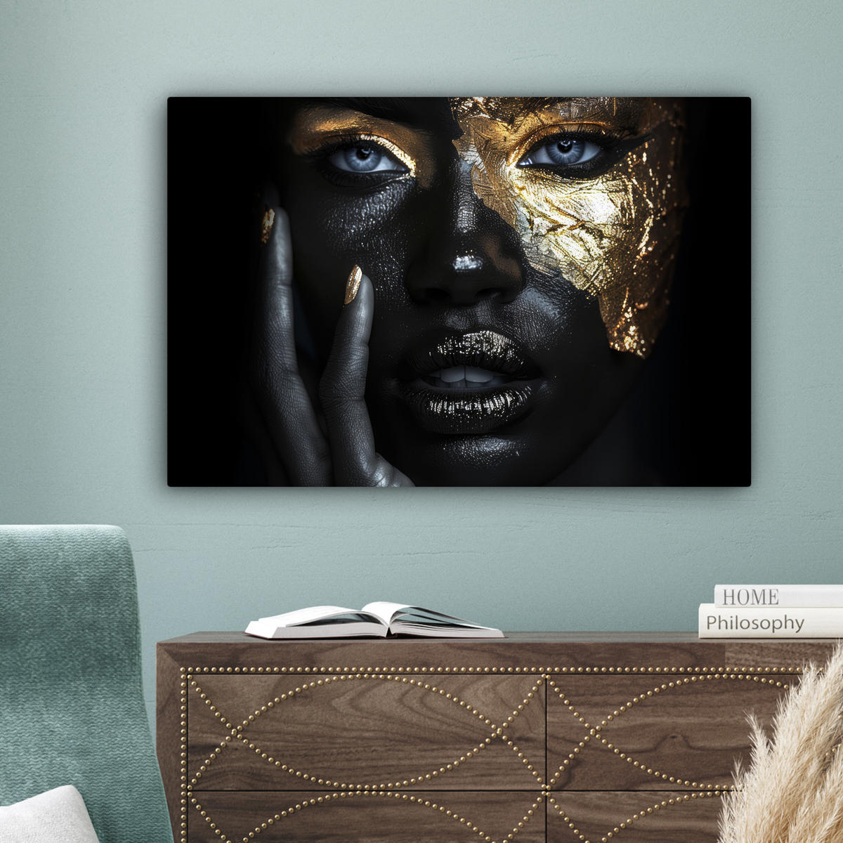 LEINWANDBILD Frau - Gold - Porträt - Schwarz-Weiß - Luxus Gemälde 60x40 cm - Hellblau, Textil (60/40cm) - MuchoWow