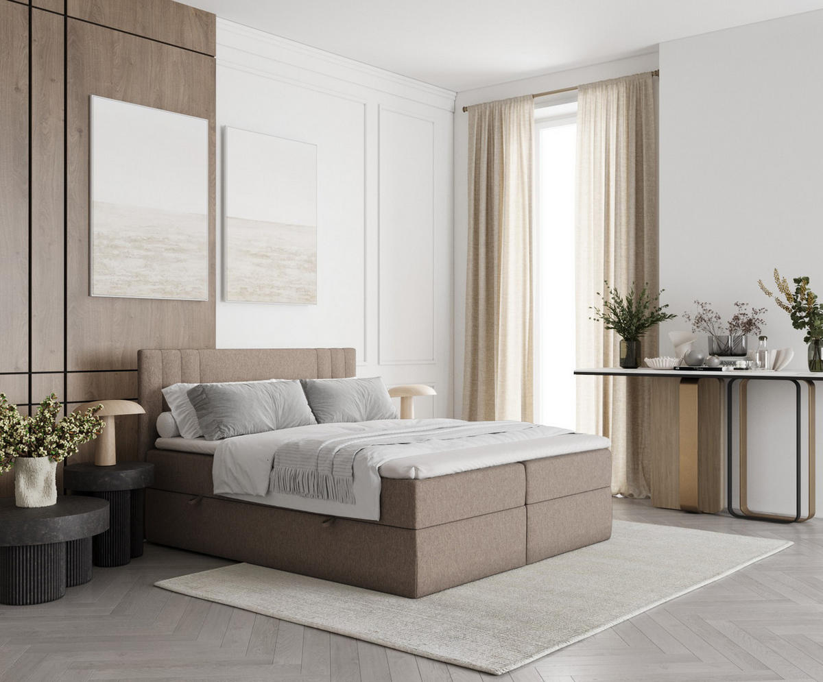 BOXBETT Mallo Dunkelbeige 180/200 cm mit Matratze und Topper - Hellbraun/Schwarz, Holz/Holzwerkstoff (180/200cm) - Maison de Reve