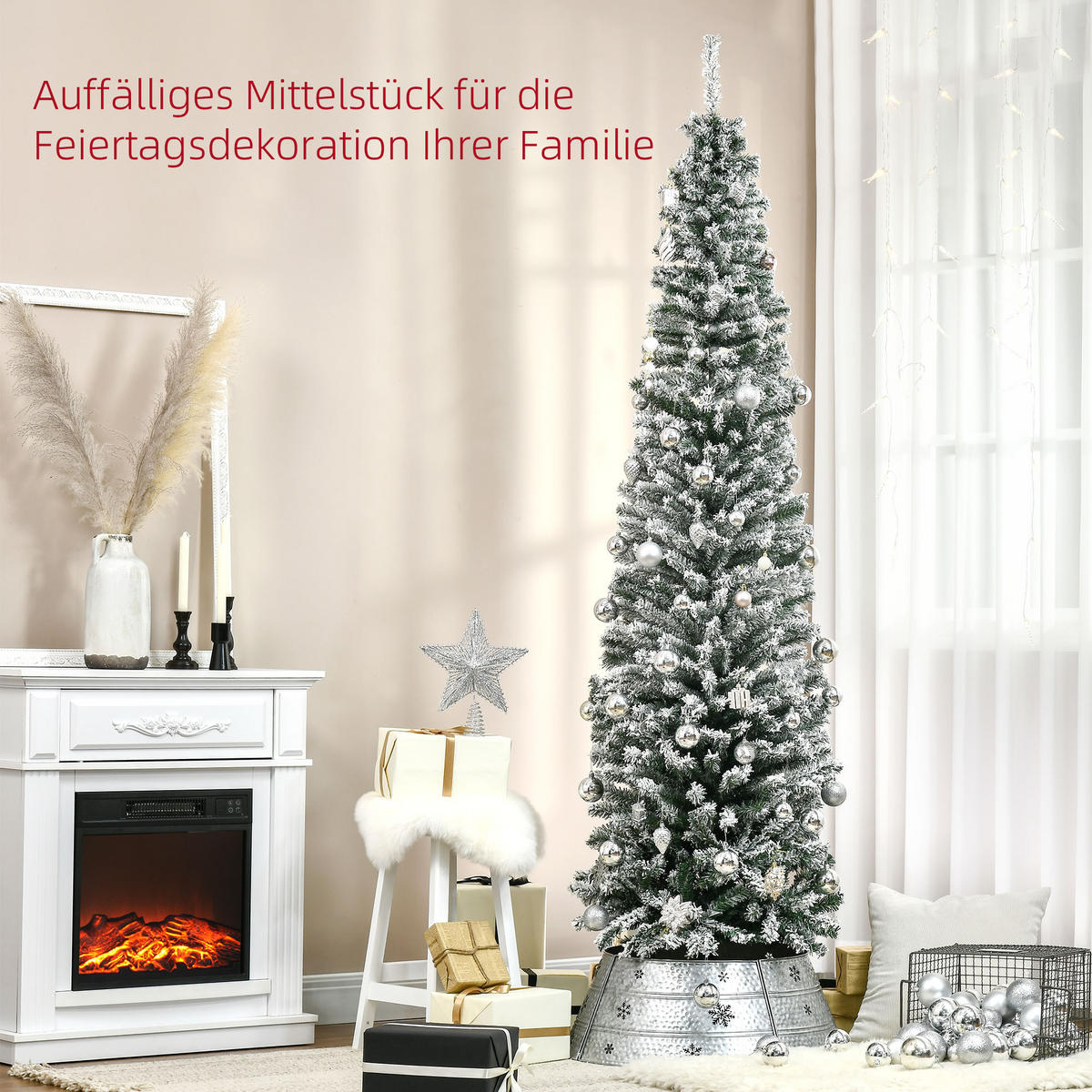 WEIHNACHTSBAUM DE-41546 Bleistift-Kiefernbaum 180 cm, Schnee, 492 Spitzen - Grün, Kunststoff (180cm) - ComfortXL