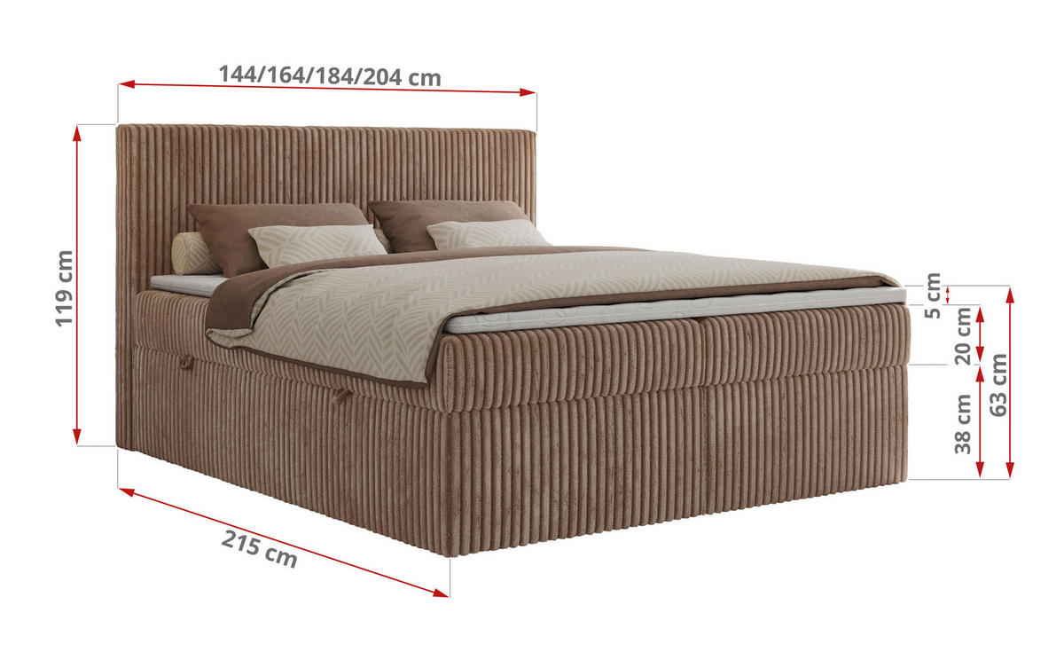 BOXBETT TILIANO 160/200 - Braun Cord - H3 - Braun, Textil (160/200cm)