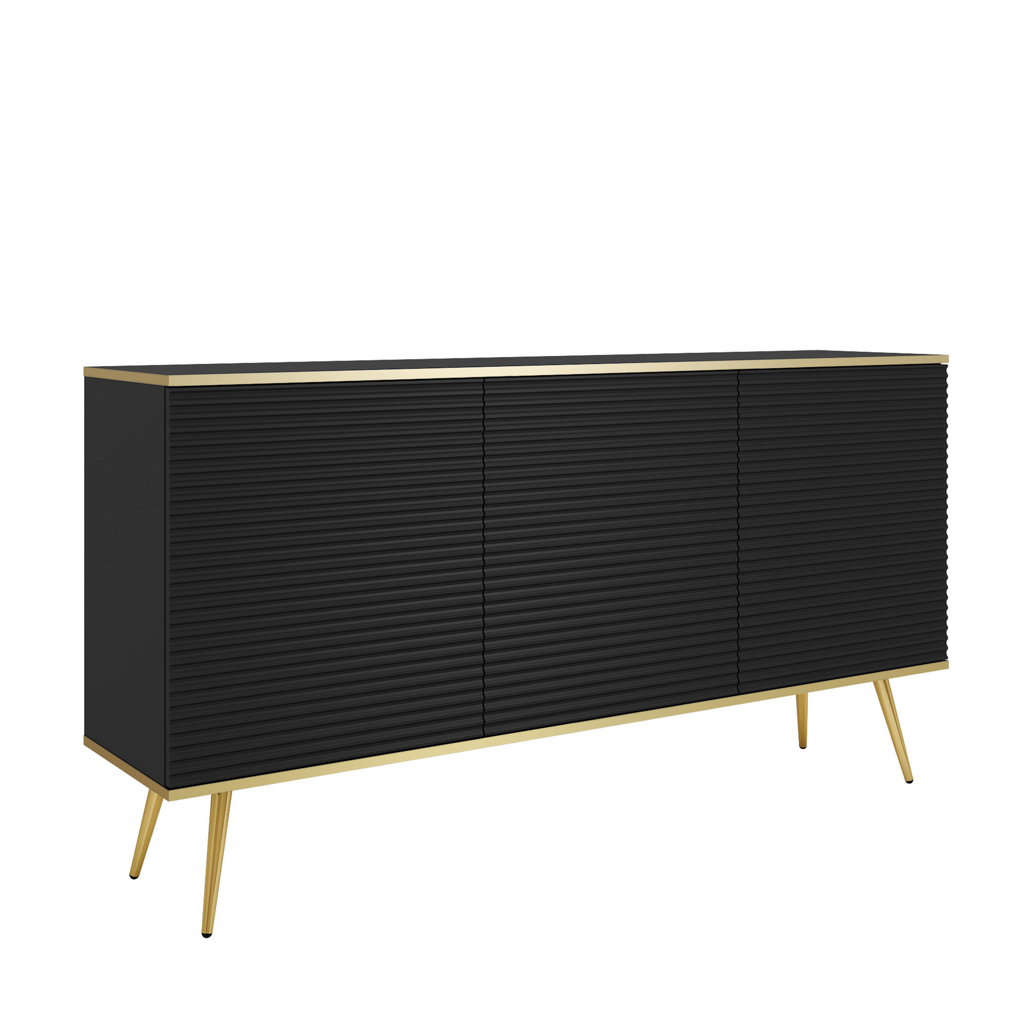 SIDEBOARD BANFF KOM2-3D Goldene Metallbeine, geriffelte Fronten, Schwarz - Schwarz, Holzwerkstoff/Kunststoff (160/85/39cm) - Komodee