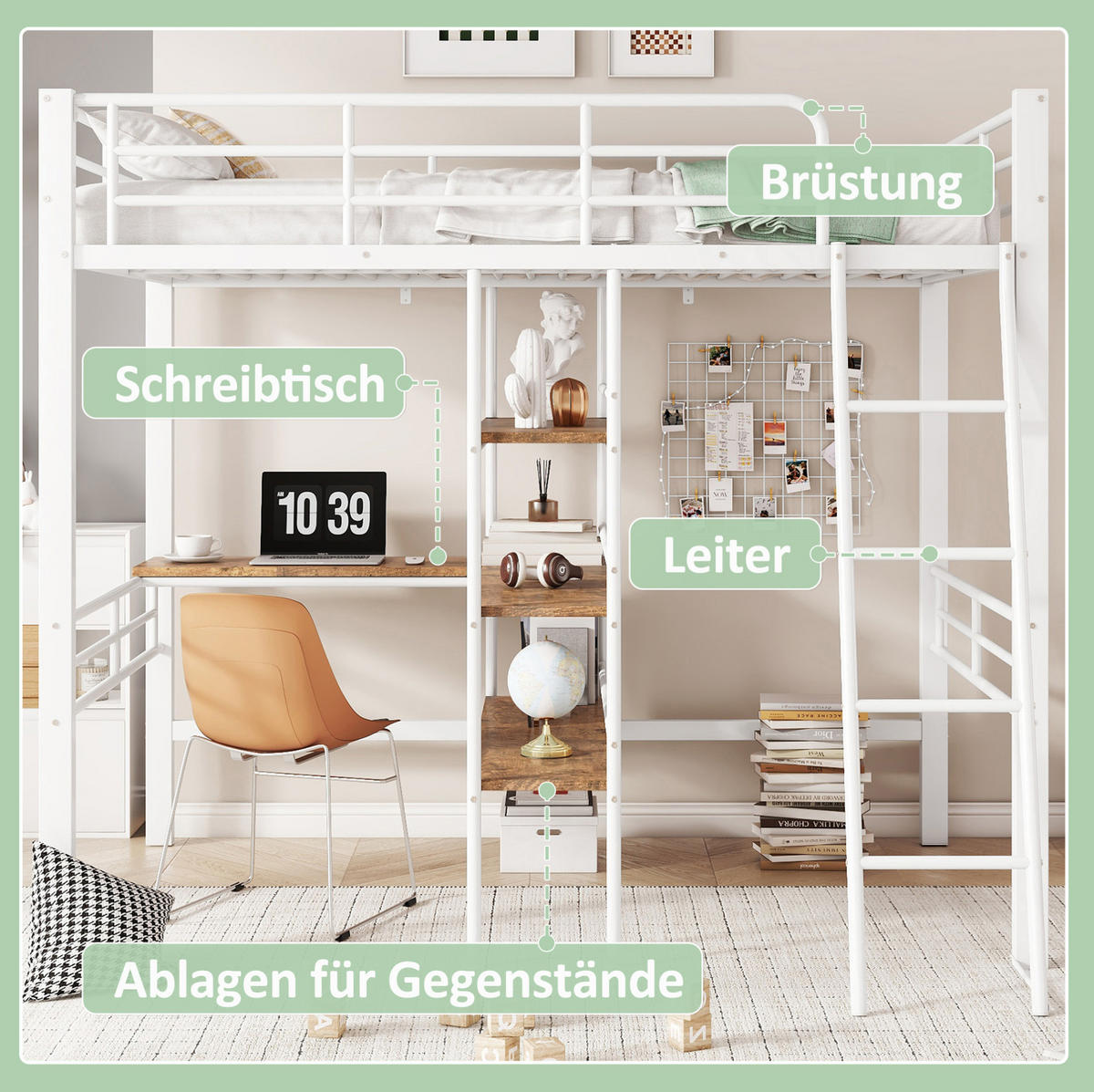 HOCHBETT 90/200 cm Weiß aus Metall mit Schreibtisch - Weiß, Metall (90/200cm) - OKMYHOME