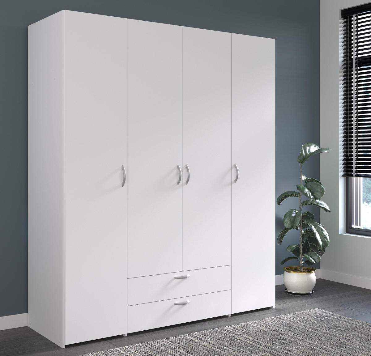 KLEIDERSCHRANK weiß 160 cm 4-türig, Drehtürenschrank - Silberfarben/Weiß, Holzwerkstoff/Kunststoff (160/185/51cm) - Furn.Design