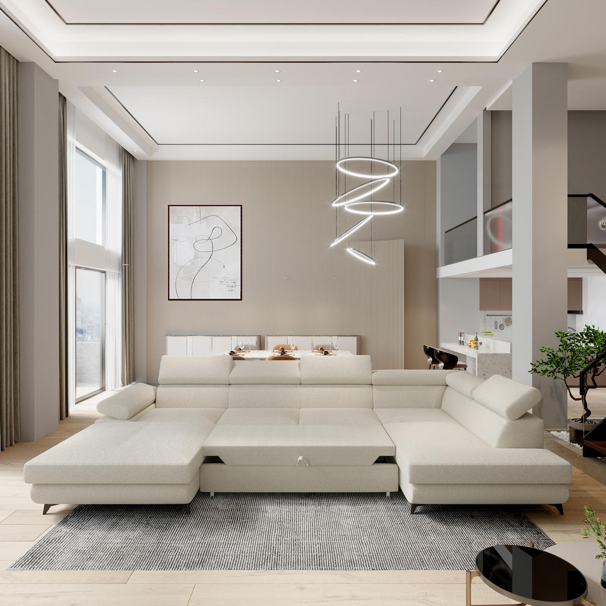 WOHNLANDSCHAFT RUBANO R-S Creme Boucle-Stoff mit Schlaffunktion - Creme, Holz (339/89/190cm) - MASSENO