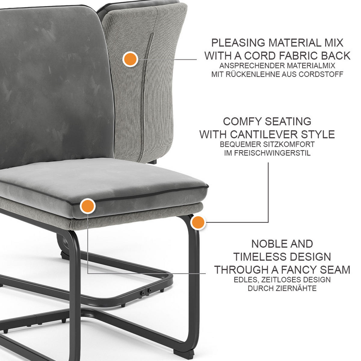 FREISCHWINGER Eleganza Grau 2er Set - Hellgrau, Textil (49/95.5/63.5cm) - Vicco