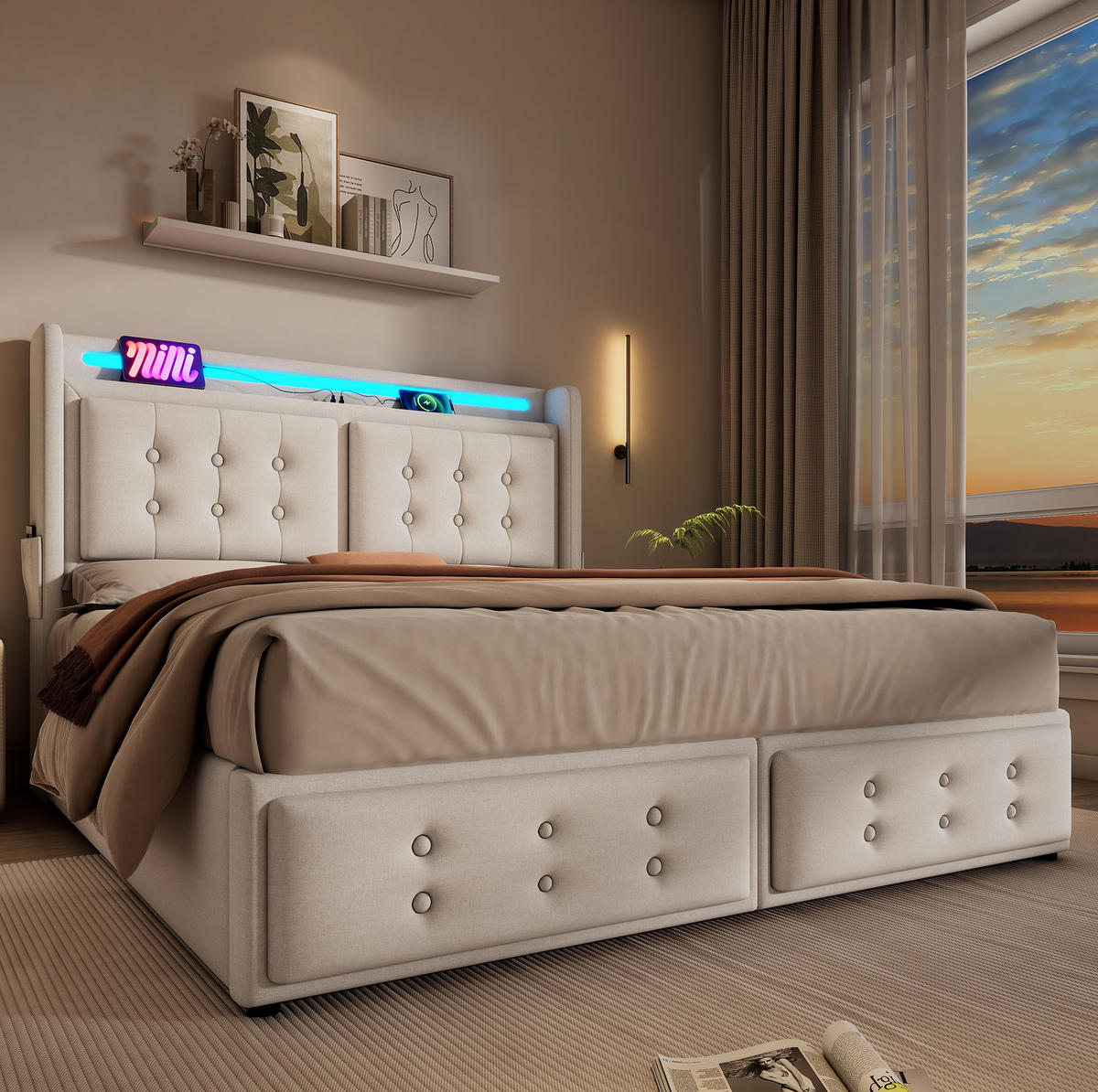 POLSTERBETT 160/200 cm mit LED-Beleuchtung, Bettkasten und USB-C in Beige - Beige, Textil (160/200cm) - BEAOK