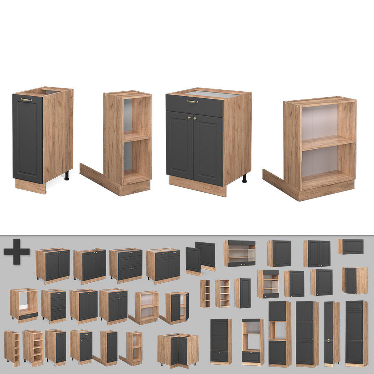 KÜCHENINSEL Fame-Line Anthrazit Landhaus/Goldkraft Eiche 90 cm ohne AP - Honigeiche/Anthrazit, Holzwerkstoff (90/82/60cm) - Vicco