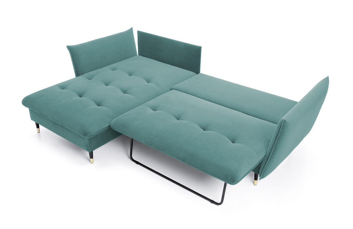 ECKSOFA GLAM mit Schlaffunktion, Ottomane & goldenen Füßen – Samtsofa im Glamour-Stil mit Zierkissen, 258x167x91cm, Linke, MÜNZE - Hellgrün, Holz/Textil (167/258cm) - DomoHome