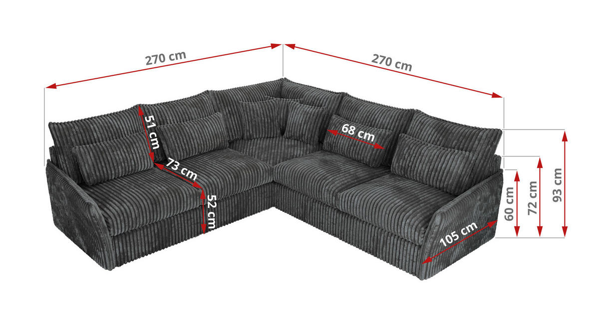 ECKSOFA VERSO L Dunkelgrau Cord - Dunkelgrau/Schwarz, Kunststoff/Textil (270/270cm) - MKS