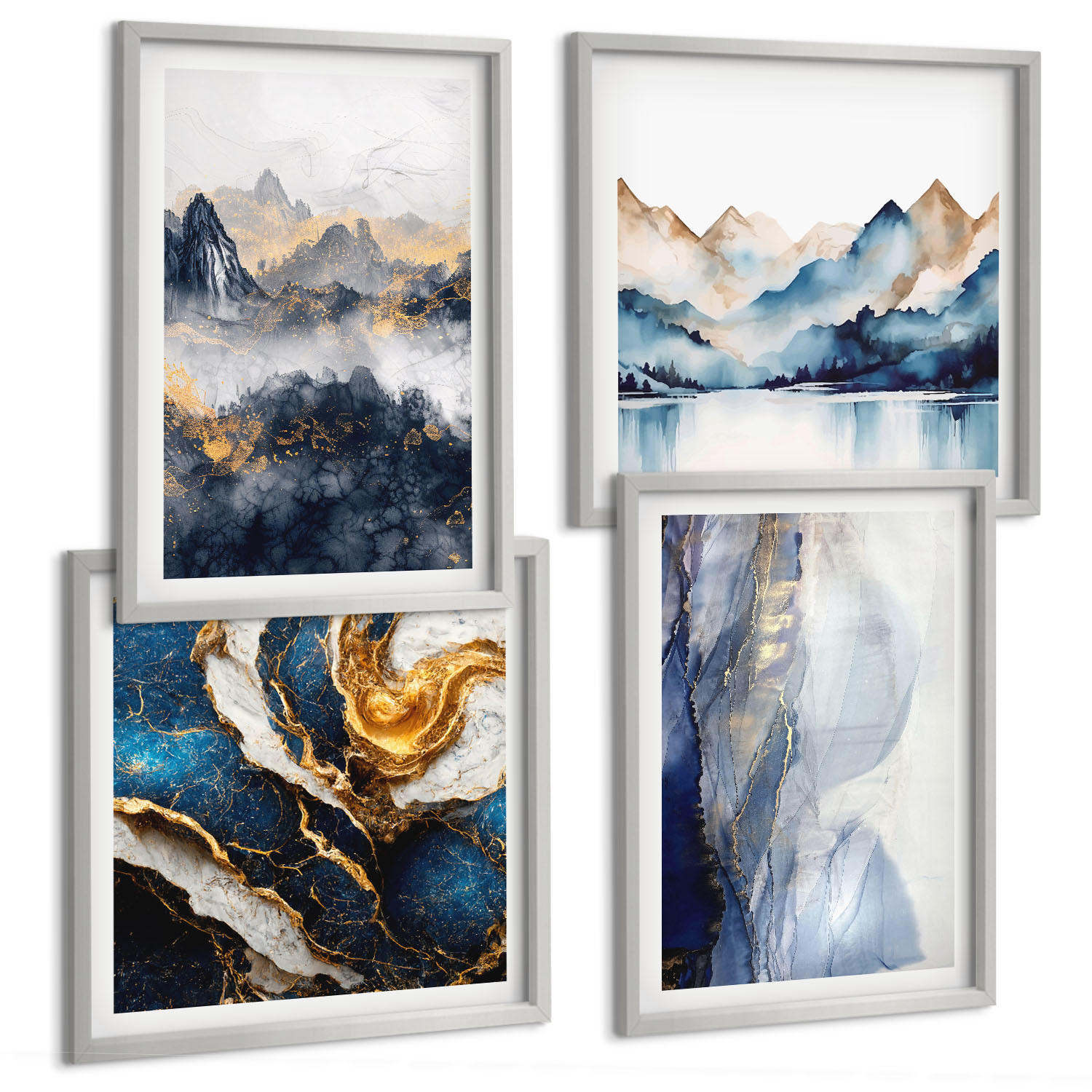 BILDER SET 4er Set - 50x50 cm & 40x60 cm Silberner Rahmen - Blaue Berglandschaften - Silberfarben, Kunststoff (50/50cm) - TULUP