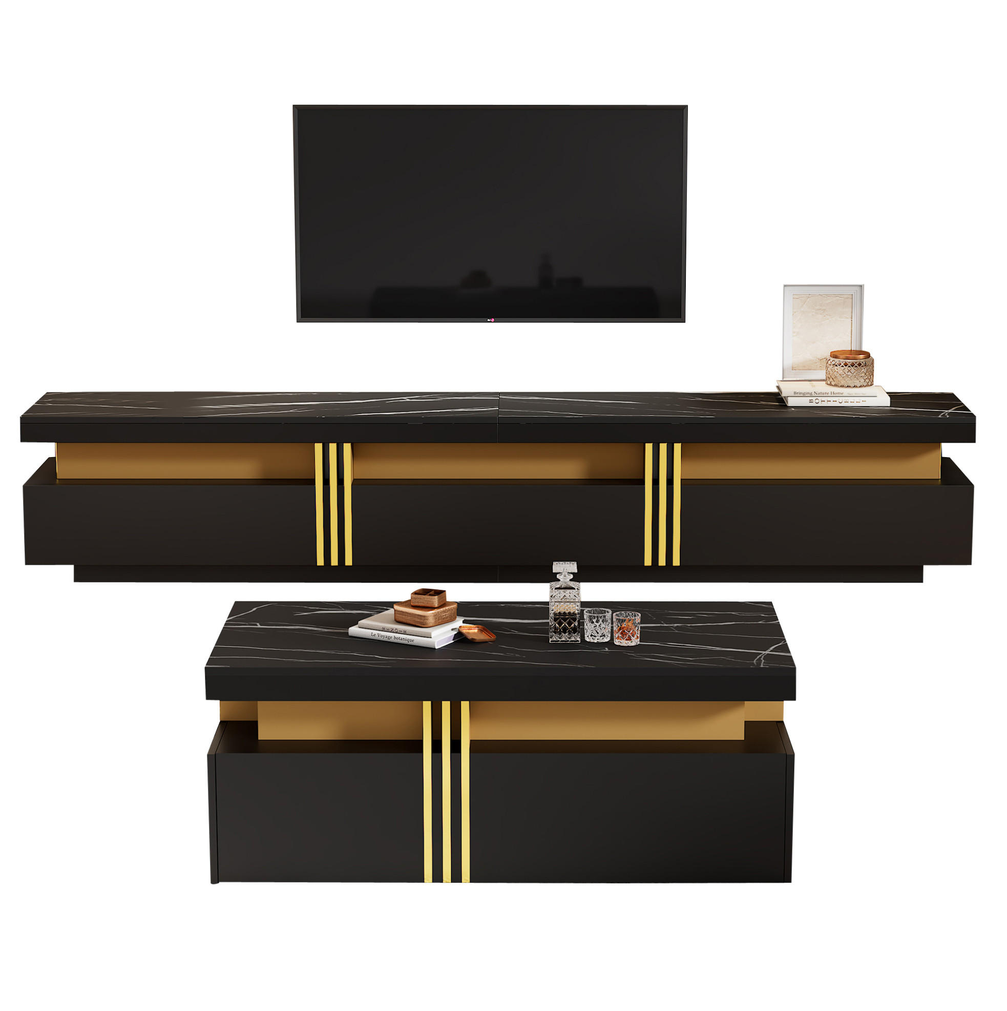 TV-ELEMENT 200/40/42 cm mit 3 Schubladen in Schwarz mit Marmor-Optik - Schwarz, Holzwerkstoff (100/40/50cm) - BEAOK