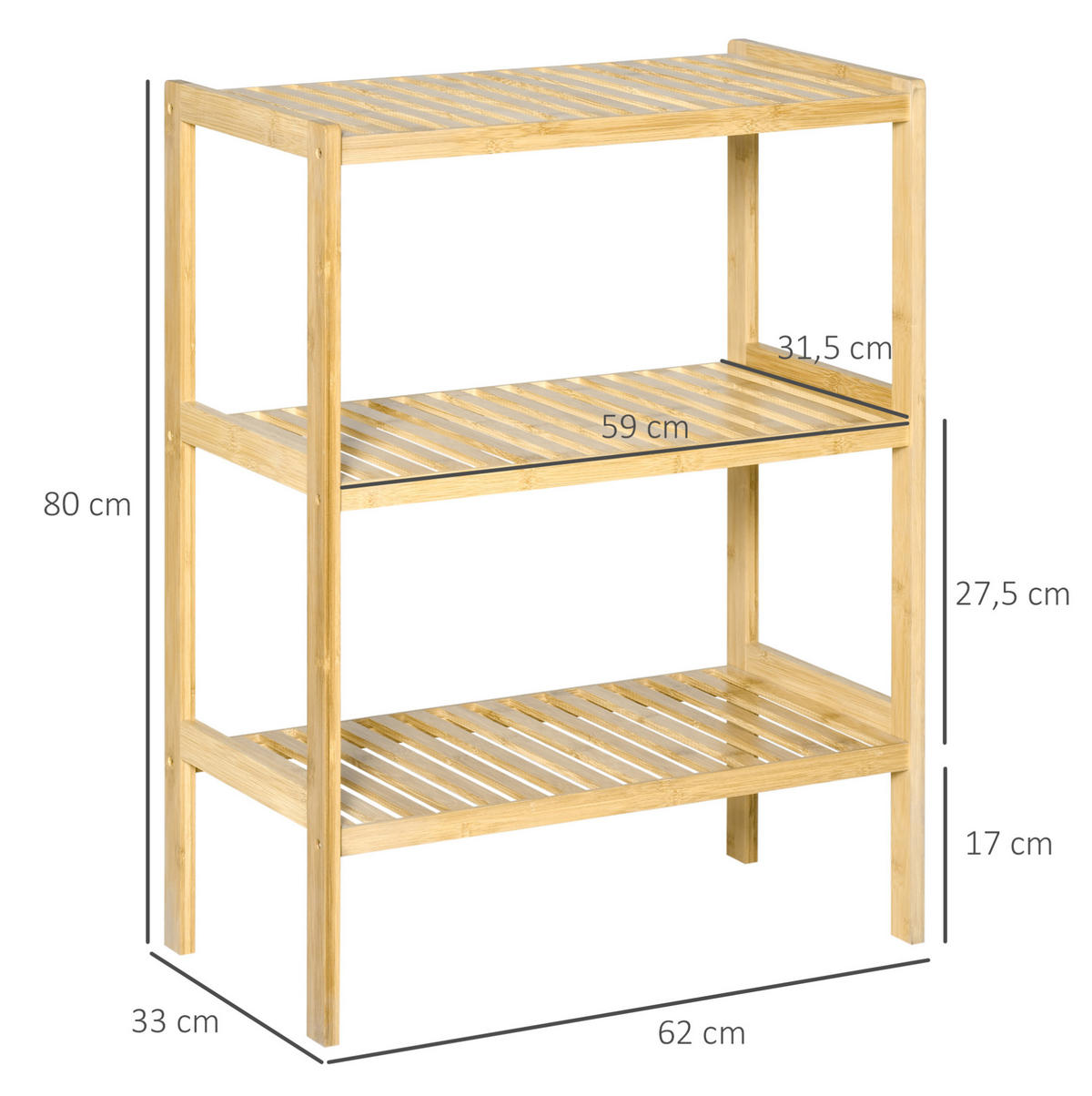 BADEZIMMERREGAL 62x33x80 cm Natur aus Bambus mit 3 Lattenregalen & hohem Sockel - Naturfarben, Naturmaterialien (62/80/33cm) - Modfu