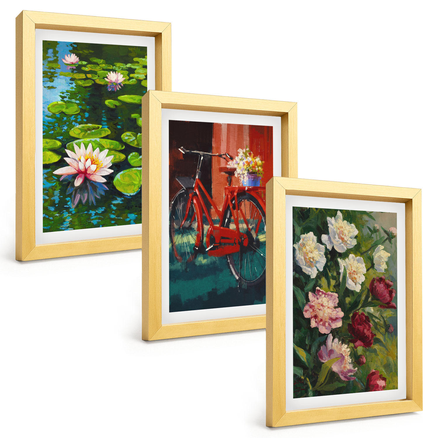 BILDER SET 3er Set - 20x30 cm Goldrahmen - Lilien im Garten, bunte Blumen - Goldfarben, Kunststoff (20/30cm) - TULUP