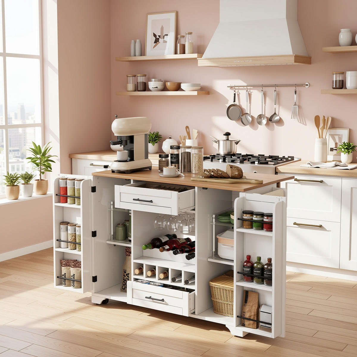 KÜCHENINSEL Mobile & Servierwagen in Weiß/Natur - Weiß, Holzwerkstoff (138/92/70cm) - Urban Meuble