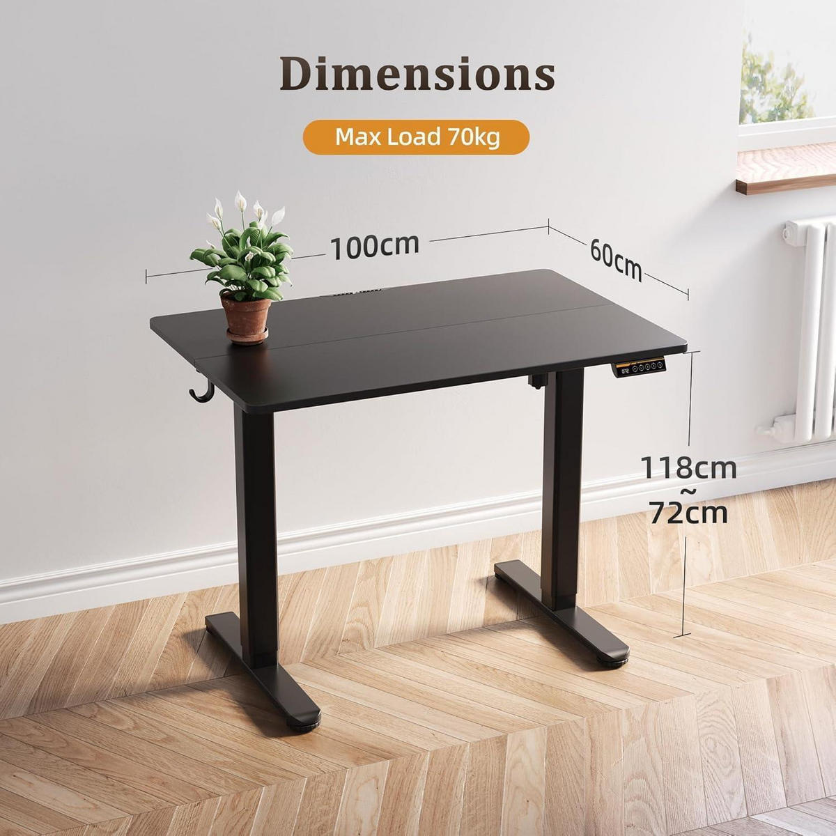SCHREIBTISCH höhenverstellbar elektrisch 100x60 cm Schwarz - Schwarz, Metall (60/100/118cm)